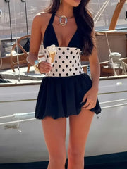LIZAKOSHT - Women Polka Dot Patchwork Swimsuit Dress Sexy Chic Sleeveless Off-shoulder Backless Mini Halter Dresses Lady Vacation Beach Gown
