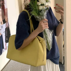LIZAKOSHT - Korean Cute Lychee Pattern Yellow Handbag Women Leather Minimalist Large Capacity Shoulder Bags Ladies Fashion Casual Boston Bag
