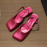 LIZAKOSHT - Satin Designer Sandals Women Square Toe Low Heel Slingback Sandals Ladies Shallow Classy Fashions Luxury Party Dress Shoes Women