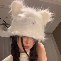 Lizakosht Y2k Plush Cute Rabbit Ears Pullover Women's Hats Autumn and Winter Fashion Warm Korean Street Snap Sweet Cartoon Beanies Cap