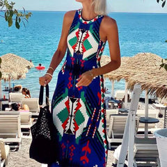 LIZAKOSHT - Elegant O-neck Sleeveless Bohemian Dress Women Fashion Waist Long Party Dresses 2025 Summer Vintage Pattern Printed Beach Dress