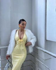 LIZAKOSHT - Sexy 3d Flower Sequins Backless Halter Maxi Dress Women Fashion Deep V-neck Split Bodycon Dresses 2024 Lady High Streetwear Robe