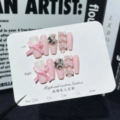 LIZAKOSHT - 10pcs Handmade Anime Fake Press On Nails Professional Full Cover Japanese Decorated Manicuree With Bow Tie Wearable Nail Art Tip