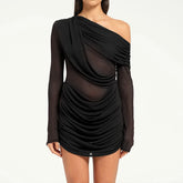LIZAKOSHT - Irregular Fashion Solid Color Long Sleeve Slimming Mesh Inclined Shoulder Shrink Fold Short Dress Sexy Street Clothing