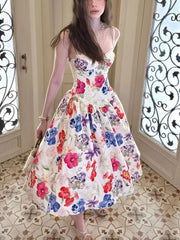 LIZAKOSHT - French Sweet Romantic Floral Print Cami Dress Women Summer New Vintage Vacation Style Slim Fit A-Line Midi Dress Elegant Outfits