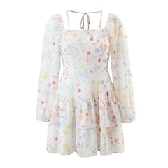 LIZAKOSHT - Sweet Women Floral Print Chiffon Dress Long Sleeve Square Neck Female Holiday Summer Dresses Spring Summer 2024 Short Robe