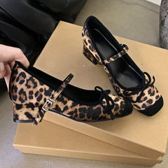 LIZAKOSHT - Leopard Print Square Toe Bow Mary Jane Shoes Woman Fashion Pumps Female Casual Chunky Heel Ballet Shoe Designer High Heels Women