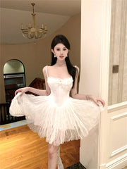 LIZAKOSHT - Sexy and Sweet Birthday Dress for Women Fashion Sleeveless Square Neck Corset Slim Flare Puffy Party Dresses Summer Dress White