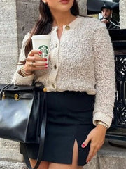 LIZAKOSHT - Faux Lambwool Coats Women Autumn Fashion Short Jacket Female Elegant Chic Single Breasted Outerwear Lady High Street Solid Coat