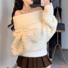 LIZAKOSHT  -  Off Shoulder Solid Color Sweater Women Tops Autumn and Winter New Slouchy Style Thickened Loose Knitted Pullover Women Clothing
