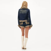 LIZAKOSHT - Casual Style Plush Patchwork Warm Denim Set Lapel Fitted Tops Matching Elastic Waist Shorts Lady Daily Commuting Office Suit