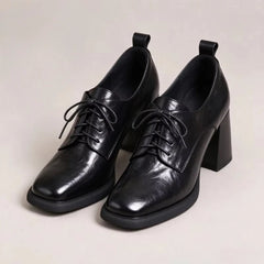 LIZAKOSHT - Women Square Toe Oxford Shoes Chunky Block High Heels Lace Up Leather Pumps Retro British Style Office Ladies Dress Shoes