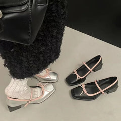 LIZAKOSHT - New Sweet Bow Mid Heel Women's Shoes Square Head Shallow Mouth Single Shoes Ladies Fashion High Heel Female Shoes