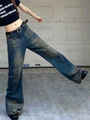 LIZAKOSHT  -  Fashion Bow Design Micro Flared Jeans Oversized Retro Streetwear Casual High Waist Washed Straight Leg Loose Wide Leg Pants