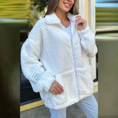 LIZAKOSHT - New Winter Warm Solid Color Loose Jacket Women's Stand Collar Zipper Lamb Wool Coat Ladies Casual Pocket Commuter Outwear