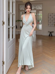 LIZAKOSHT - Summer Sexy Hollow Out Women Long Dress Vintage V-neck Female Halter Clothing New Beach Style Backless Vestidos Robe