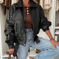 LIZAKOSHT  -  Casual Long Sleeve Solid Street Jacket Women's Elegant Lapel Zipper Loose Short Coats Autumn Winter Fashion PU Leather Outerwear