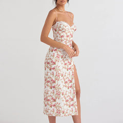 LIZAKOSHT - Women's Ditsy Floral Print Contrast Lace Side Split Bodycon Cami Dress, Summer Clothes Women, Boho Style Spaghetti Strap Sleeveless Midi Dress For Beach Holiday Vacation, Ladies Summer Clothes