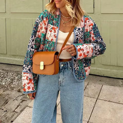 LIZAKOSHT - Women Contrast Color Flower Print V Collar Quilted Jacket Ethnic Front Pockets Quilting Full Sleeve Loose Coat