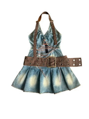 LIZAKOSHT - Dress Denim Hollow Strap Short Hot Girl American Niche Temperament Super Cool Niche Design Pleated Dress
