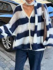 LIZAKOSHT - Vintage Contrast Striped Women Knit Cardigan Scarf Casual New Lady Fashion V Neck Lantern Sleeved Sweater Coat Cardigan