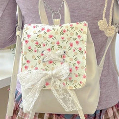 LIZAKOSHT - Korean Girls Fashion Flower Print Backpack Women Students Kawaii Bow Bandage Schoolbags Sweet Y2k Aesthetic All Match Backpacks
