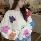 LIZAKOSHT - 3D Floral Sweet Knit Sweater Women Loose Casual Lazy Wind Cute Long Sleeve Pullovers French Fall Winter Solid O Neck Jumpers New