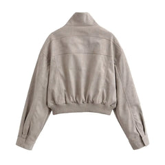 LIZAKOSHT - Vintage Stand Collar Women's Coat Full Sleeve Pocket Zippers Loose Lady Short Jackets Autumn Winter Female Streetwear