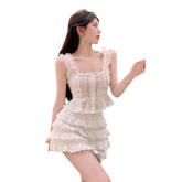 LIZAKOSHT - Summer Girl Sweet Fashion Two Piece Set Women Hotsweet Sexy Ruffles Tank Top + Skirt Sets Holiday Beach 2 Piece Suits