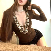 LIZAKOSHT - Women Crop Tops Vintage Korean Retro High Street Heavy Sequins Sexy Deep V-neck T-Shirt Streetwear Tee Shirt