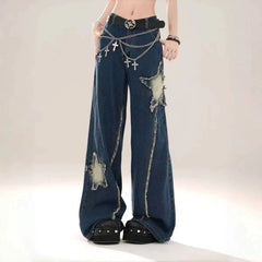 LIZAKOSHT - Jeans Raw Edge Star Patch Design High Waist American Retro Vibe Women'S Summer New Loose Slimming Wide Leg Trousers