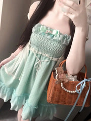 LIZAKOSHT - Summer Sweet Loose Dress Set Women Design Elegant Bow Sling Lace Dresses Female Fashion Sleeveless Kawaii Lolita Outfits