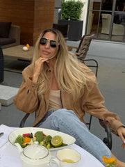 LIZAKOSHT  -  Elegant Camel Cropped Suede Jacket Women Lapel Full Sleeve Pocket Zipper Short Coat New Causal Autumn Lady Daily Streetwear 2025