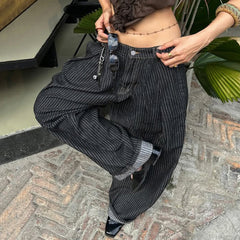 LIZAKOSHT - Women Striped Relaxed Fit Jeans Retro Low Rise Wide Leg Denim Pants Grunge Loose Trousers Spring Y2K Clothes