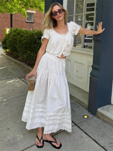 LIZAKOSHT - White High Waist Lace Long Skirt Female Pleated Casual Basic Summer Solid Loose Elegant Maix Skirt Women's Clothes Femme