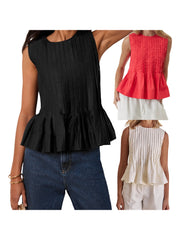 LIZAKOSHT - Women s Sleeveless Pleated Tank Top with Round Neck and Ruffled Hem - Solid Color Casual Summer Streetwear Shirt