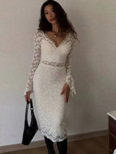 LIZAKOSHT - Sexy Deep V-neck Lace Women 3 Piece Sets White Long Sleeve See Through Dress Set Winter Slim Elegant Party Evening Dress