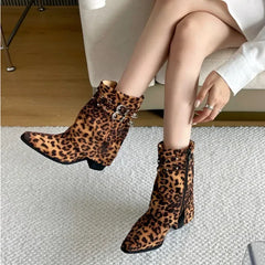 LIZAKOSHT - New Leopard Ankle Boots Women 2025 Sexy Pointed Toe Chunky Boots for Women Fashion Side Zip Belt Buckle Botines Winter Shoes