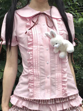 LIZAKOSHT - Summer New Kawaii Sweet Print Lolita Short Sleeve Doll Collar Shirt Fashion Japanese Cute Slim Pink Bow T-Shirts Women