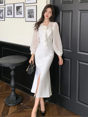 LIZAKOSHT  -  Elegant Princess Solid Mermaid Dress for Women Long Sleeve Floral V-neck High Waist Split Vestidos Vintage French Party Clothing