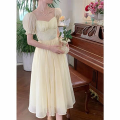 LIZAKOSHT - Women Elegant Puff Sleeve Summer Midi Dress Lady Square Collar Solid High Waist Fairy Party Dress Korean Holiday One Piece Dress