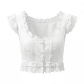 LIZAKOSHT - Sweet White Embroidery Hollo out Hole Spliced Lace Crop Tank Women Summer Single-Breasted Buttons Slim Tank Tops Short Vest