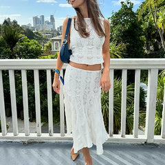 LIZAKOSHT - Women Sexy Embroidery Hollow Party Suit Fashion Hight Waist Solid Slim 2Pc Sets Elegant O-neck Tank Top And Long Skirts Outfits