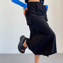 LIZAKOSHT - Y2K Safari Back Slit Pockets Cargo Skirt American Retro Women Ruched Side Drawstring Rope Midi Long Skirts
