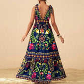 LIZAKOSHT - Women Fashion Print Loose Holiday Beach Dress Spring Double V Neck Backless Long Dress Summer Tie-up Sling Boho Maxi Dress Mujer