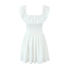 LIZAKOSHT - Summer Women Lace Patchwork Sexy Off Shoulder Dress Low Waist Short Sleeve Female Holiday Party Mini Dresses White Red