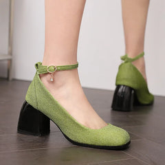 LIZAKOSHT - Square Toe Mary Jane Shoes Women 2024 High Heels Ladies Ankle Strap Purple Green Fashion Loafers Size 43 Pumps Zapatos De Mujer