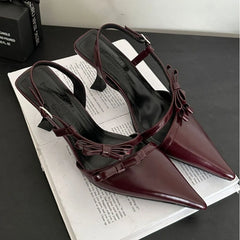 LIZAKOSHT  -  Sexy Pointed Toe Pumps Women Lacquer Leather High Heels Sandals Female Bow Elegant Fashion Slingback Dress Shoes Sandalias Mujer