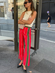 LIZAKOSHT - Fashion Striped Long Pants For Women Autumn High Waist Zipped Pockets Straight Trouser Female Chic Street Wide Leg Pants