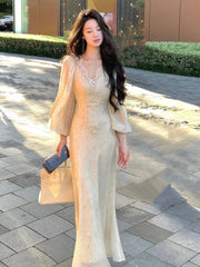 LIZAKOSHT - Autumn Lantern Sleeve Bodycon Dresses for Women Lace V-neck Slim Waist Mermaid Wedding Evening Party Dress Female Vestidos New